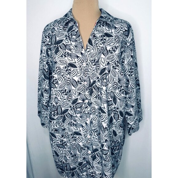 Foxcroft Faith Layered Leaves Button-Up Blouse Top 18W Black White Wrinkle-Free - Picture 2 of 14